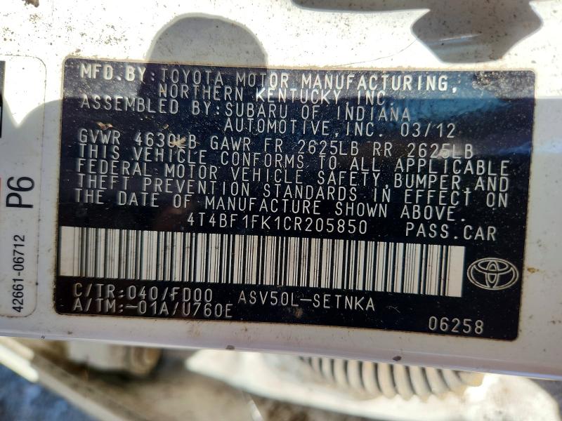55655026 :رقم المزاد ، 4T4BF1FK1CR205850 vin ، 2012 Toyota Camry مزاد بيع