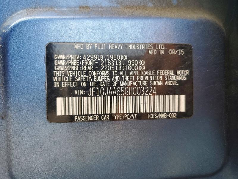 57908646 :رقم المزاد ، JF1GJAA65GH003224 vin ، 2016 Subaru Impreza مزاد بيع