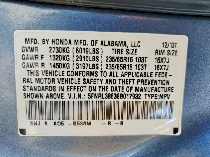 Aukcja sprzedaży 2008 Honda Odyssey, vin: 5FNRL38638B017932, numer aukcji: 56652456