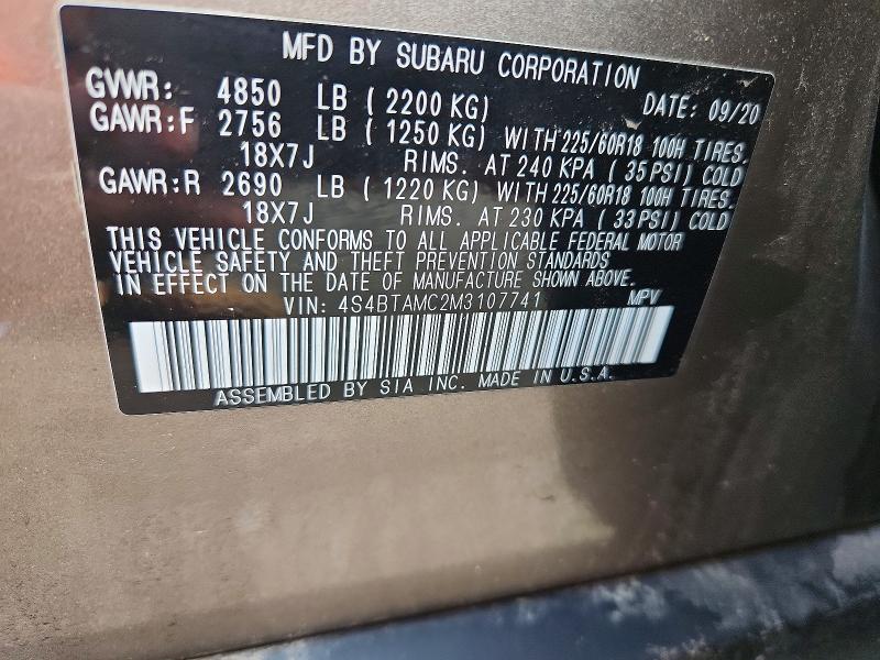 2021 Subaru Outback მანქანა იყიდება აუქციონზე, vin: 4S4BTAMC2M3107741, აუქციონის ნომერი: 57747346