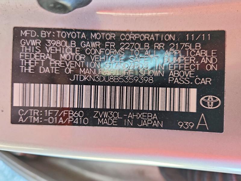 2011 Toyota Prius მანქანა იყიდება აუქციონზე, vin: JTDKN3DU8B5359398, აუქციონის ნომერი: 55940116