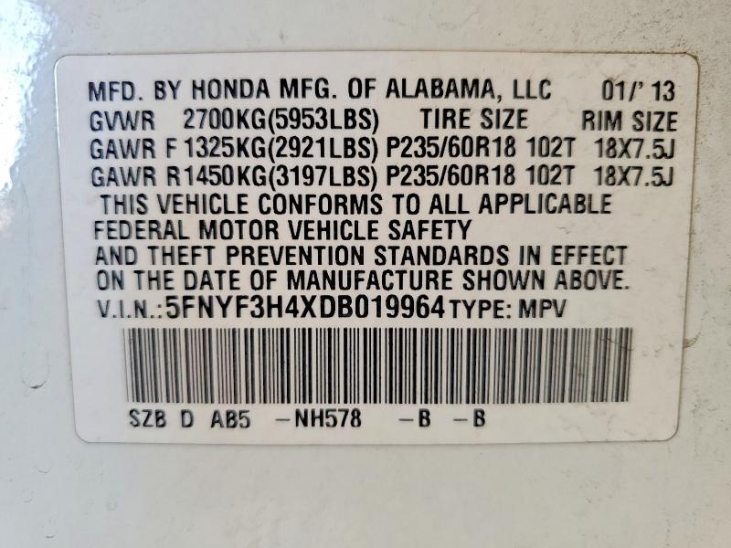 Продаж на аукціоні авто 2013 Honda Pilot, vin: 5FNYF3H4XDB019964, номер лоту: 56662426