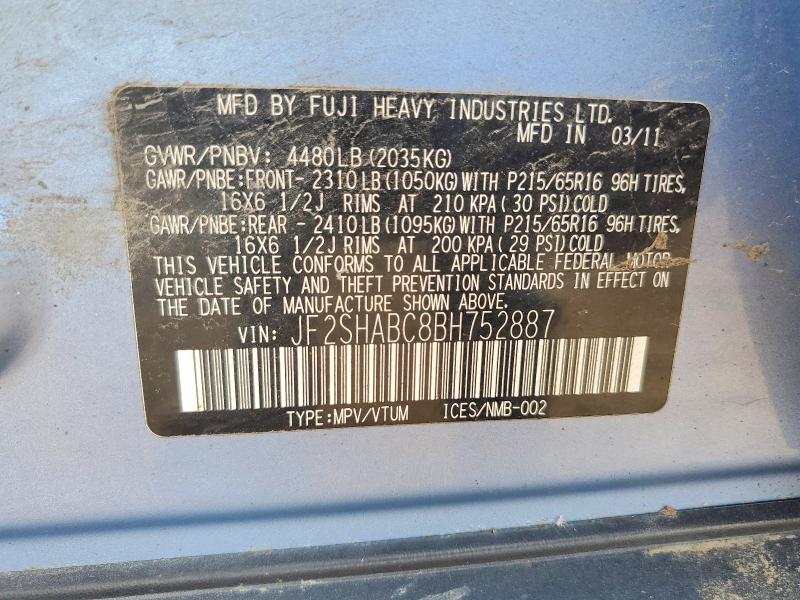 Aukcja sprzedaży 2011 Subaru Forester, vin: JF2SHABC8BH752887, numer aukcji: 59076766