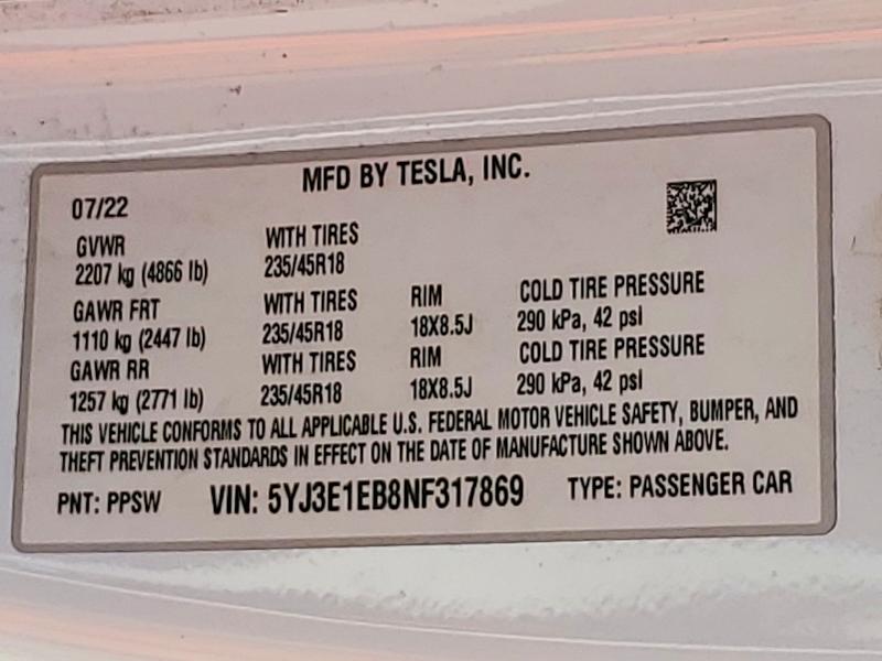Продажа на аукционе авто 2022 Tesla Model 3, vin: 5YJ3E1EB8NF317869, номер лота: 58833896