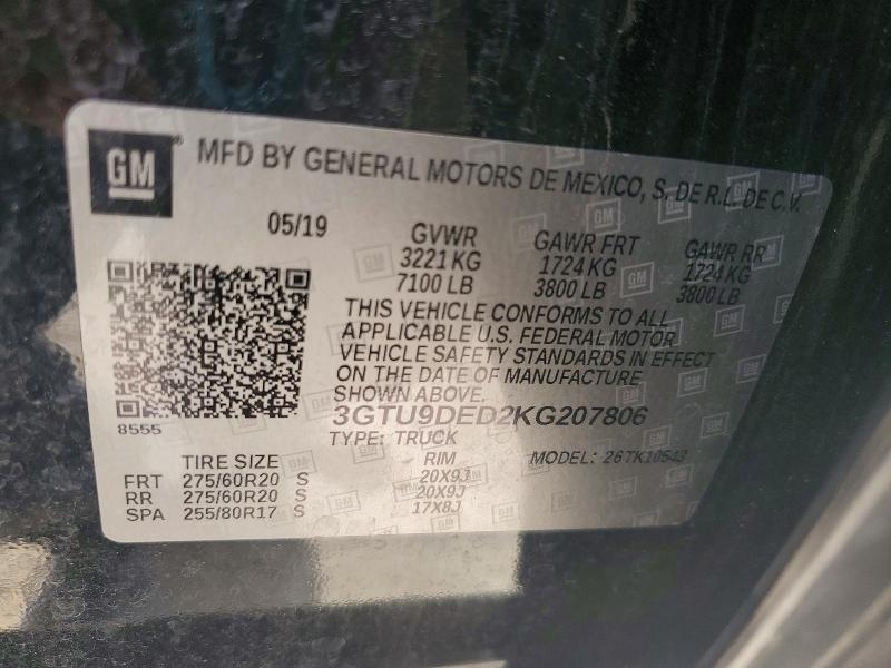 Aukcja sprzedaży 2019 Gmc Sierra, vin: 3GTU9DED2KG207806, numer aukcji: 55786356