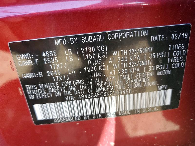 Продажа на аукционе авто 2019 Subaru Outback, vin: 4S4BSAFC8K3308458, номер лота: 57564836