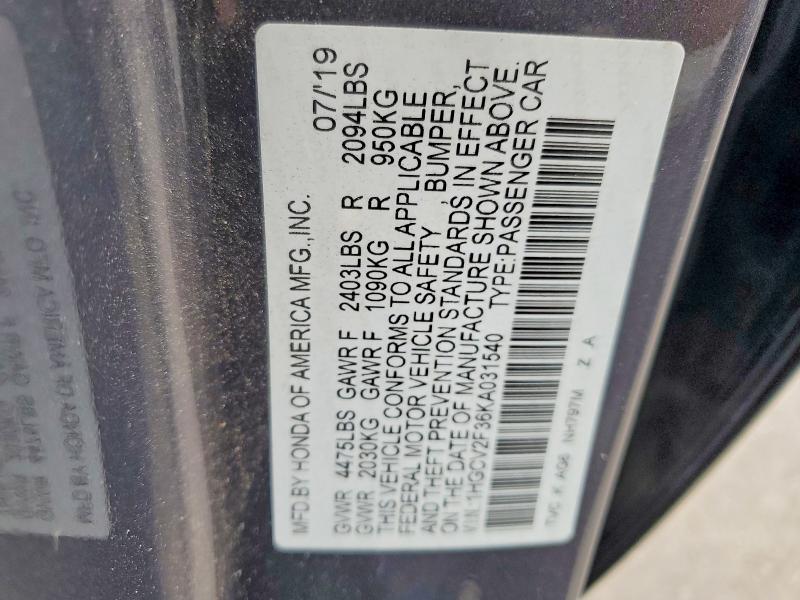 Aukcja sprzedaży 2019 Honda Accord, vin: 1HGCV2F36KA031540, numer aukcji: 58089266