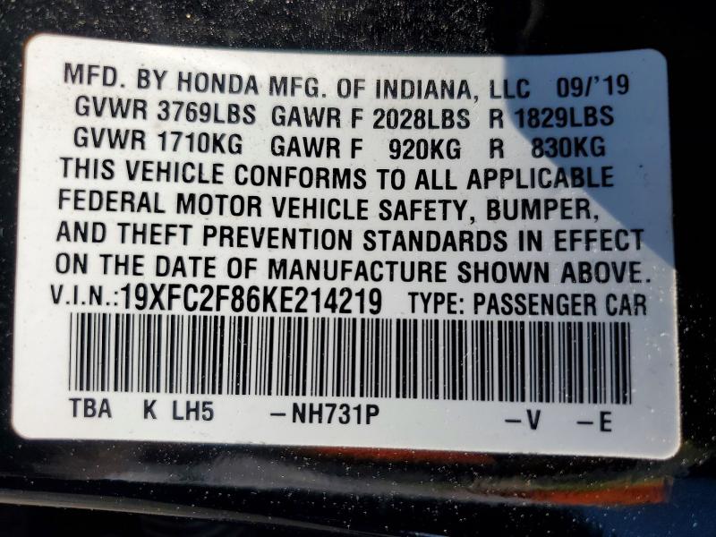 56023806 :رقم المزاد ، 19XFC2F86KE214219 vin ، 2019 Honda Civic مزاد بيع