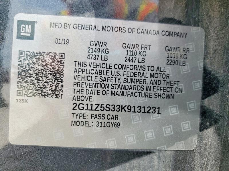 58626996 :رقم المزاد ، 2G11Z5S33K9131231 vin ، 2019 Chevrolet Impala مزاد بيع
