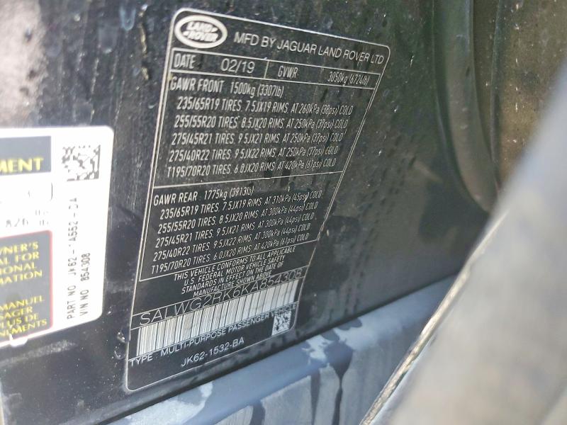 2019 Land Rover Range Rover Sport მანქანა იყიდება აუქციონზე, vin: SALWG2RK6KA854308, აუქციონის ნომერი: 56321326