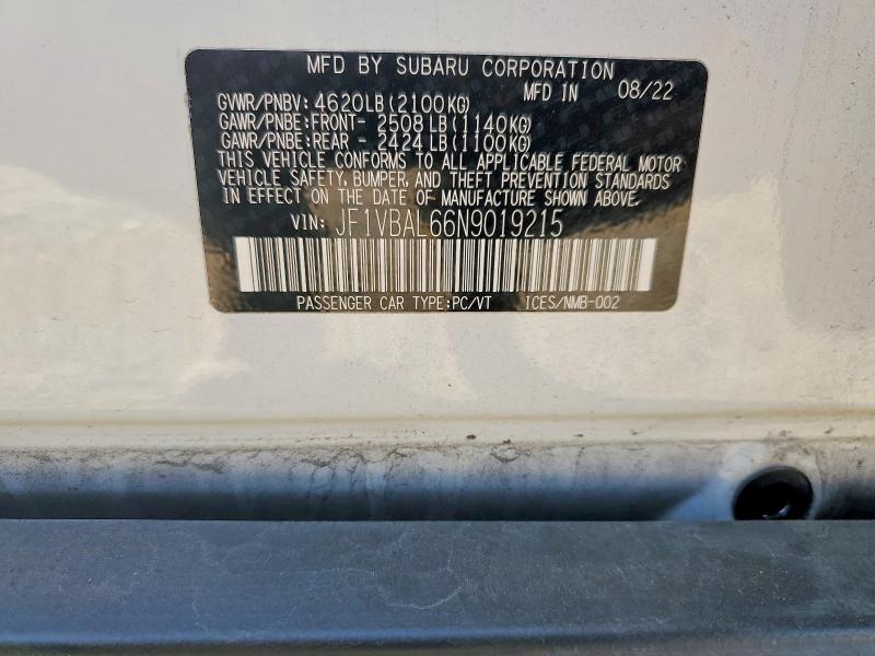 Aukcja sprzedaży 2022 Subaru Wrx, vin: JF1VBAL66N9019215, numer aukcji: 57381066