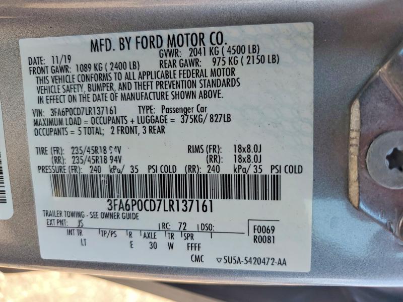 57858786 :رقم المزاد ، 3FA6P0CD7LR137161 vin ، 2020 Ford Fusion مزاد بيع