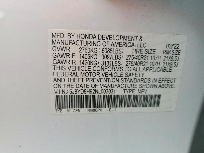2022 Acura Mdx მანქანა იყიდება აუქციონზე, vin: 5J8YD8H92NL003031, აუქციონის ნომერი: 56182496