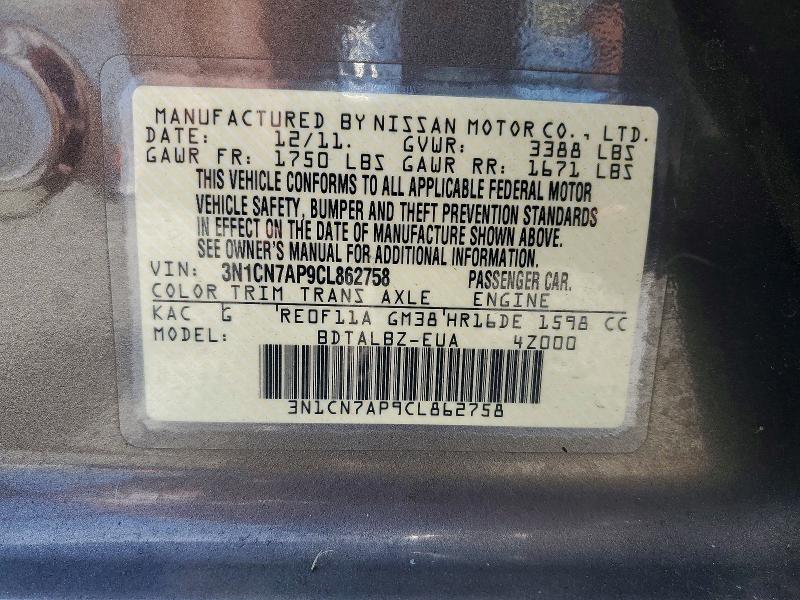 Продажа на аукционе авто 2012 Nissan Versa, vin: 3N1CN7AP9CL862758, номер лота: 52542376