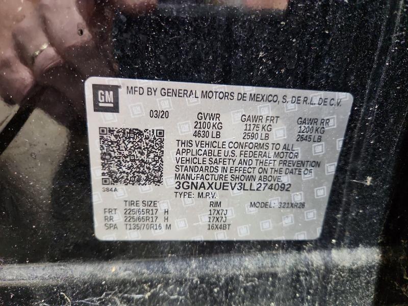 Продаж на аукціоні авто 2020 Chevrolet Equinox, vin: 3GNAXUEV3LL274092, номер лоту: 58180026