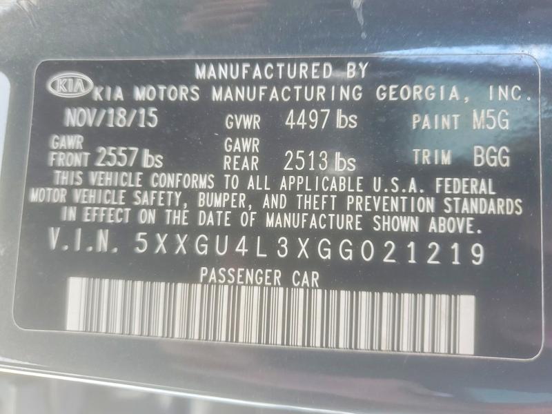 2016 Kia Optima მანქანა იყიდება აუქციონზე, vin: 5XXGU4L3XGG021219, აუქციონის ნომერი: 57141236