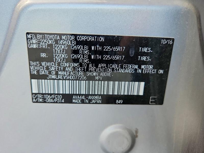 Aukcja sprzedaży 2017 Toyota Rav4 Hybrid, vin: JTMRJREV5HD077206, numer aukcji: 57725256