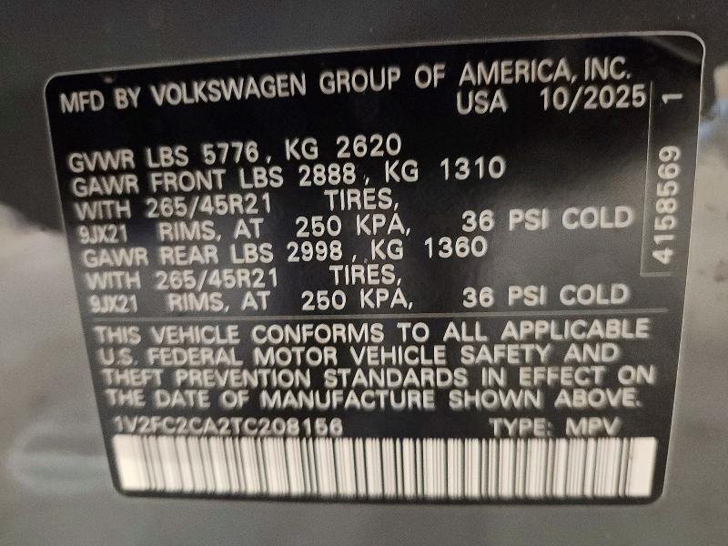 2026 Volkswagen Atlas Cross Sport მანქანა იყიდება აუქციონზე, vin: 1V2FC2CA2TC208156, აუქციონის ნომერი: 56581936