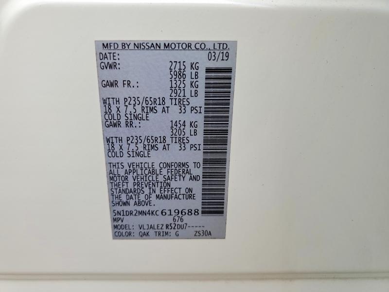 85624425 :رقم المزاد ، 5N1DR2MN4KC619688 vin ، 2019 Nissan Pathfinder مزاد بيع