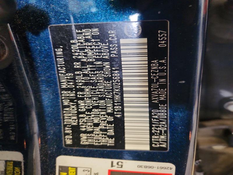 2019 Toyota Camry მანქანა იყიდება აუქციონზე, vin: 4T1B11HK7KU256841, აუქციონის ნომერი: 56499776