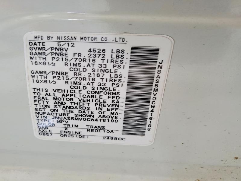 56778166 :رقم المزاد ، JN8AS5MV0CW416198 vin ، 2012 Nissan Rogue مزاد بيع
