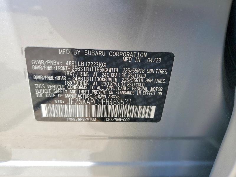 2023 Subaru Forester მანქანა იყიდება აუქციონზე, vin: JF2SKAPC9PH469531, აუქციონის ნომერი: 58902636
