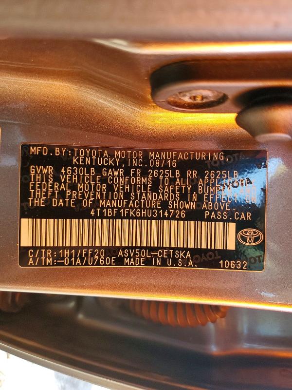 Aukcja sprzedaży 2017 Toyota Camry, vin: 4T1BF1FK6HU314726, numer aukcji: 57336766
