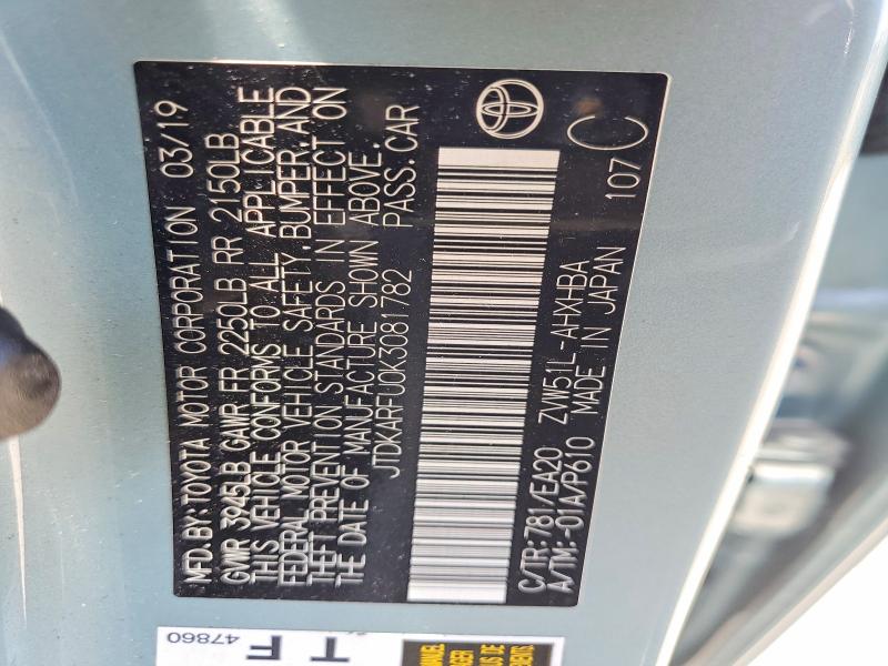 Продаж на аукціоні авто 2019 Toyota Prius, vin: JTDKARFU0K3081782, номер лоту: 56448396