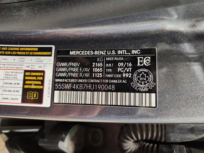 Продаж на аукціоні авто 2017 Mercedes-benz C, vin: 55SWF4KB7HU190048, номер лоту: 56228856