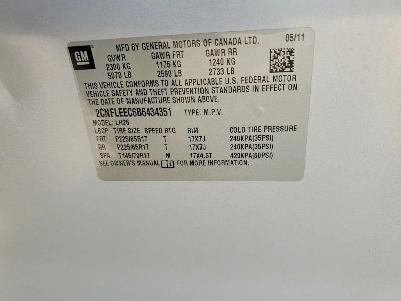 2011 Chevrolet Equinox მანქანა იყიდება აუქციონზე, vin: 2CNFLEEC6B6434351, აუქციონის ნომერი: 57027466