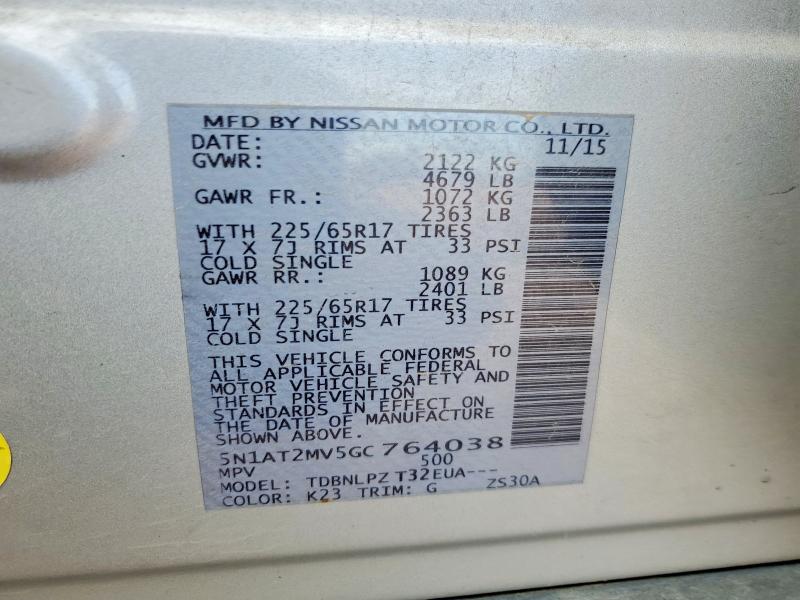 Aukcja sprzedaży 2016 Nissan Rogue, vin: 5N1AT2MV5GC764038, numer aukcji: 57036866