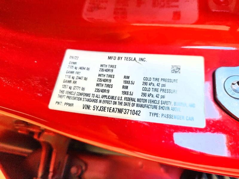 Aukcja sprzedaży 2022 Tesla Model 3, vin: 5YJ3E1EA7NF371042, numer aukcji: 57202366