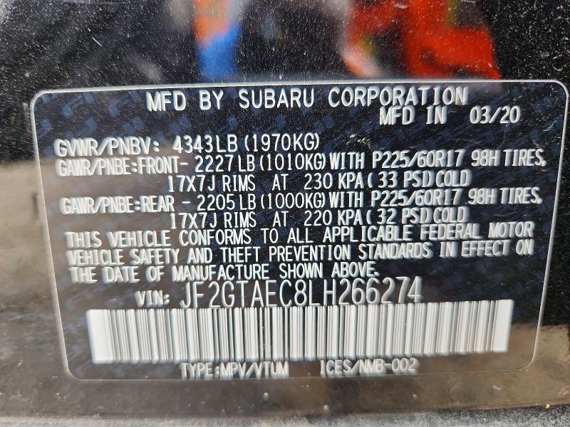 2020 Subaru Crosstrek მანქანა იყიდება აუქციონზე, vin: JF2GTAEC8LH266274, აუქციონის ნომერი: 57658596