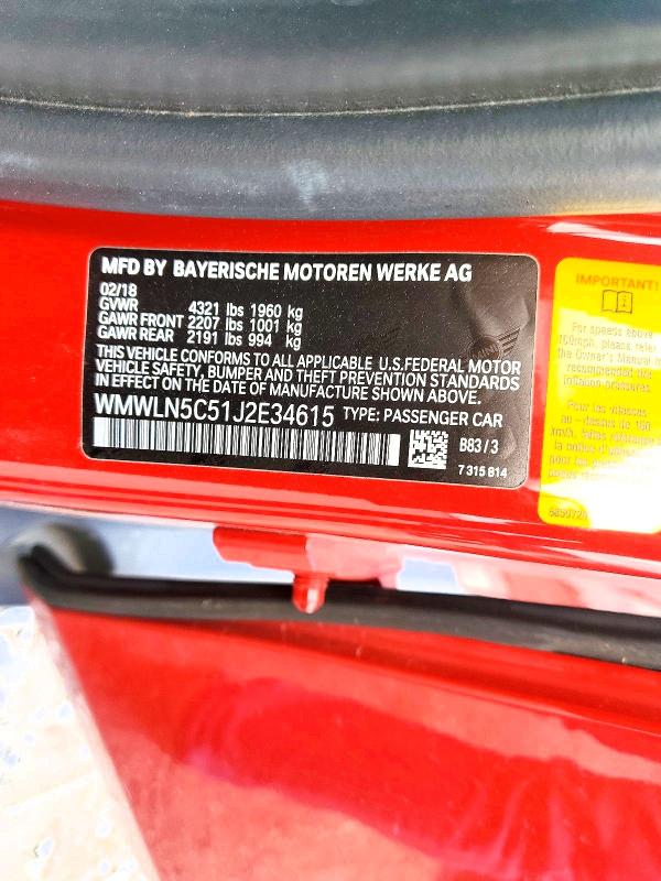 Продажа на аукционе авто 2018 Mini Cooper, vin: WMWLN5C51J2E34615, номер лота: 57353376