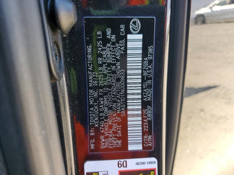 Aukcja sprzedaży 2022 Lexus Es 250, vin: 58AG11D11NU009833, numer aukcji: 58041886