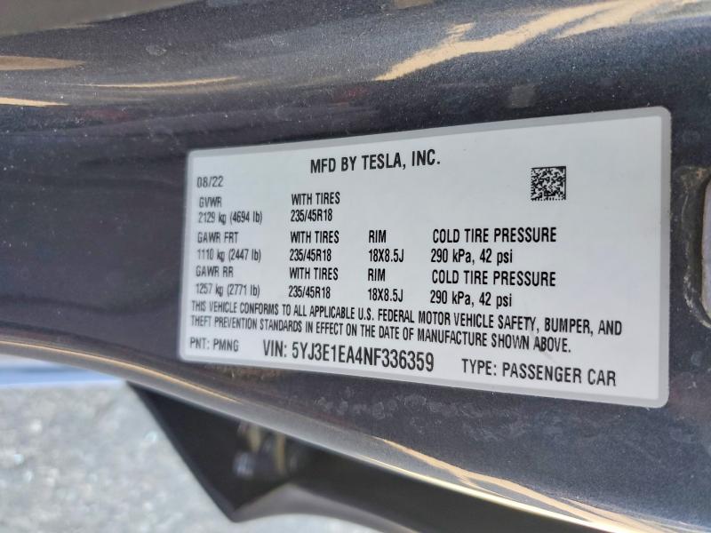 57166356 :رقم المزاد ، 5YJ3E1EA4NF336359 vin ، 2022 Tesla Model 3 مزاد بيع