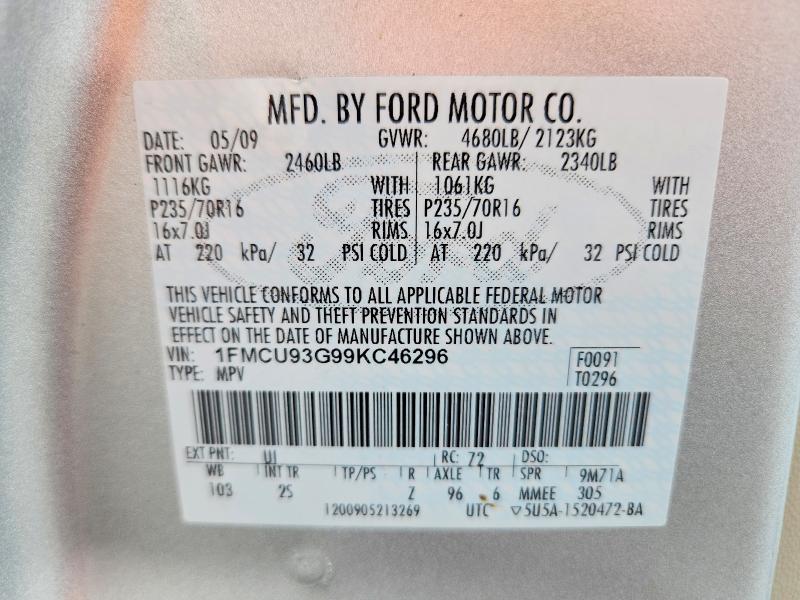 Продажа на аукционе авто 2009 Ford Escape, vin: 1FMCU93G99KC46296, номер лота: 58627346