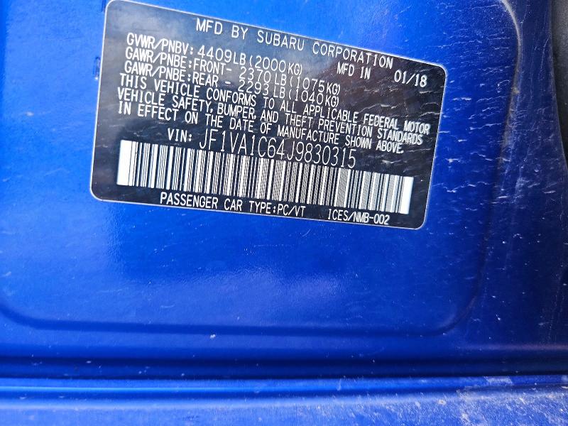 Продаж на аукціоні авто 2018 Subaru Wrx, vin: JF1VA1C64J9830315, номер лоту: 56509906