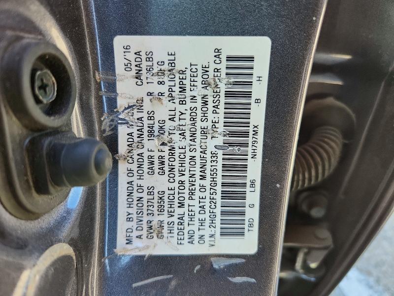55473126 :رقم المزاد ، 2HGFC2F57GH551338 vin ، 2016 Honda Civic مزاد بيع