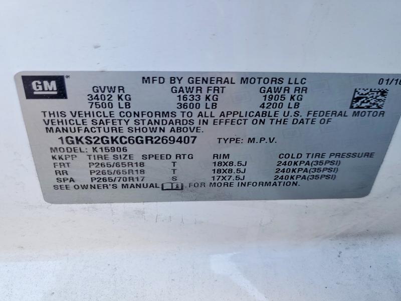 54669946 :رقم المزاد ، 1GKS2GKC6GR269407 vin ، 2016 Gmc Yukon Xl Denali مزاد بيع