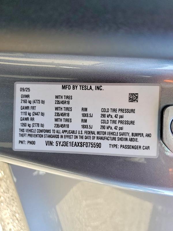 2025 Tesla Model 3 მანქანა იყიდება აუქციონზე, vin: 5YJ3E1EAXSF075590, აუქციონის ნომერი: 58116776