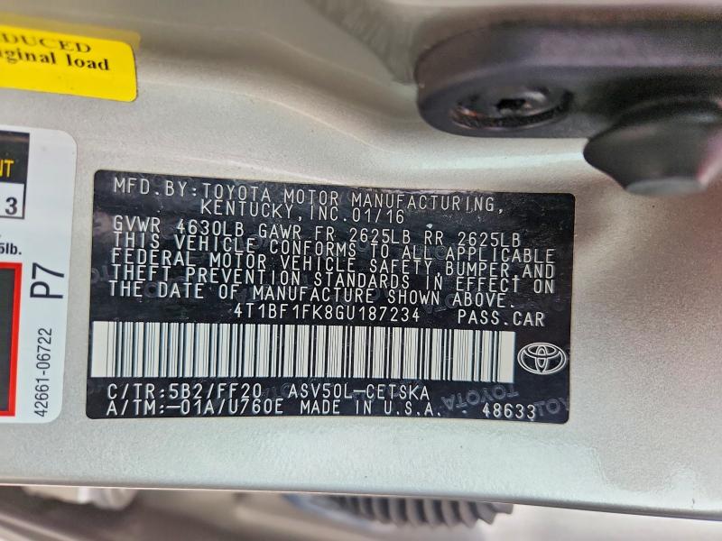 2016 Toyota Camry მანქანა იყიდება აუქციონზე, vin: 4T1BF1FK8GU187234, აუქციონის ნომერი: 55682756
