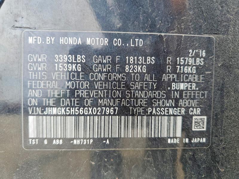 Aukcja sprzedaży 2016 Honda Fit, vin: JHMGK5H56GX027967, numer aukcji: 57939096