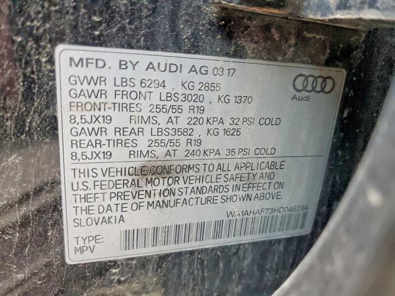 Продаж на аукціоні авто 2017 Audi Q7, vin: WA1AHAF73HD049294, номер лоту: 57009466