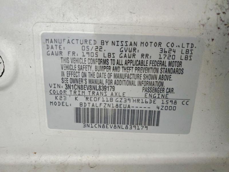 Продажа на аукционе авто 2022 Nissan Versa, vin: 3N1CN8EV8NL839179, номер лота: 57584766