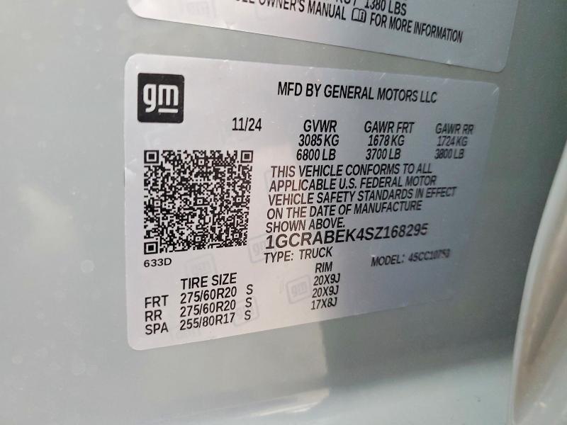 2025 Chevrolet Silverado მანქანა იყიდება აუქციონზე, vin: 1GCRABEK4SZ168295, აუქციონის ნომერი: 58564886