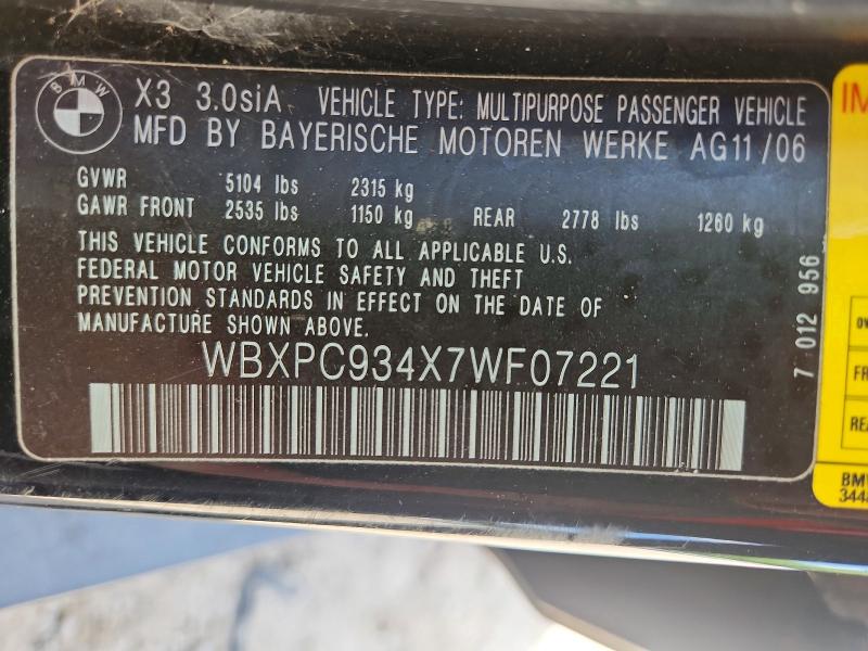 Продажа на аукционе авто 2007 Bmw X3, vin: WBXPC934X7WF07221, номер лота: 57185866