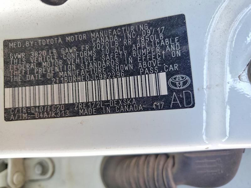 Продаж на аукціоні авто 2018 Toyota Corolla, vin: 2T1BURHE0JC982296, номер лоту: 59127066