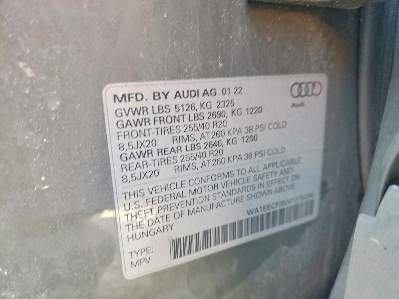 54876386 :رقم المزاد ، WA1EECF35N1075234 vin ، 2022 Audi Q3 مزاد بيع