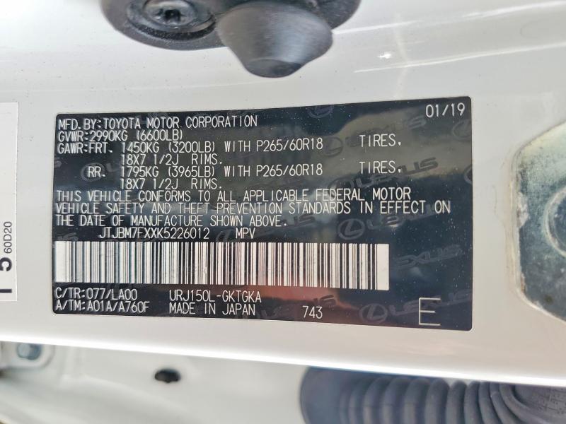 Aukcja sprzedaży 2019 Lexus Gx, vin: JTJBM7FXXK5226012, numer aukcji: 55563876